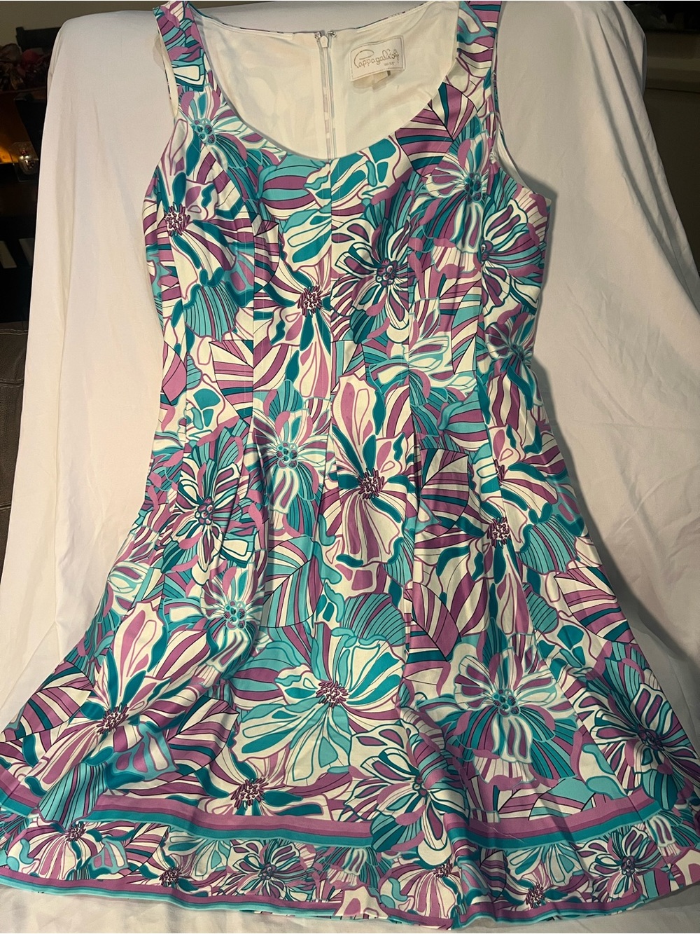 Vintage Papagallo Mod Floral Fit & Flare Dress Teal Purple Retro